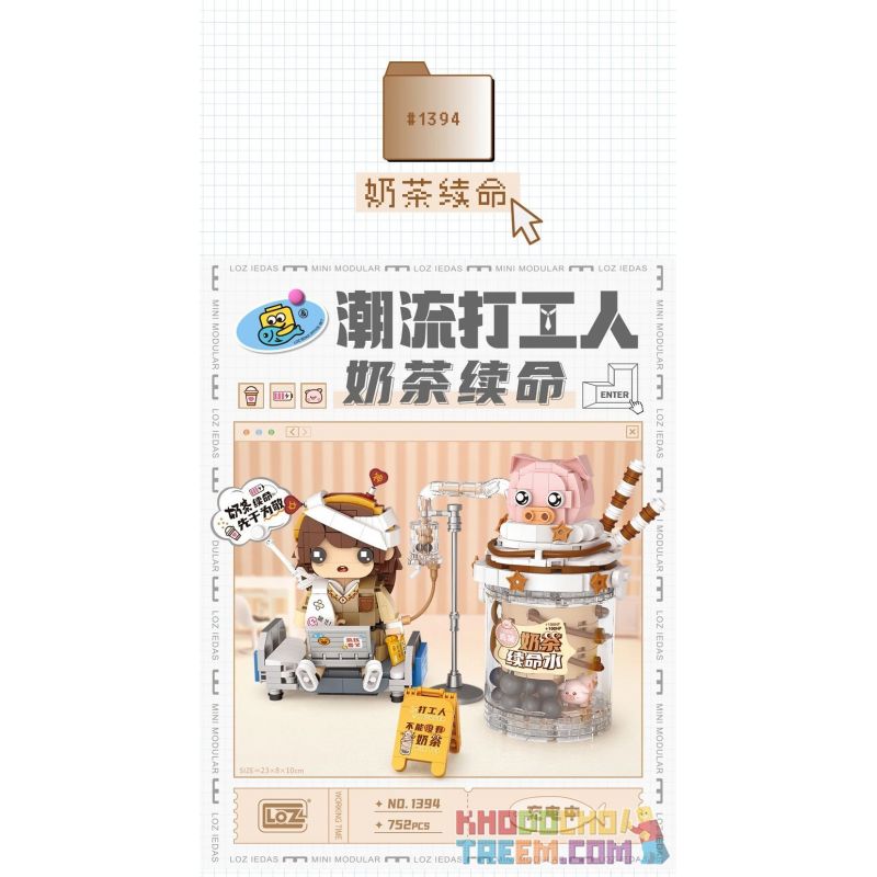 LOZ 1394 non  CÔNG NHÂN THỜI THƯỢNG TRÀ SỮA KÉO DÀI TUỔI THỌ bộ đồ chơi xếp lắp ráp ghép mô hình 752 khối