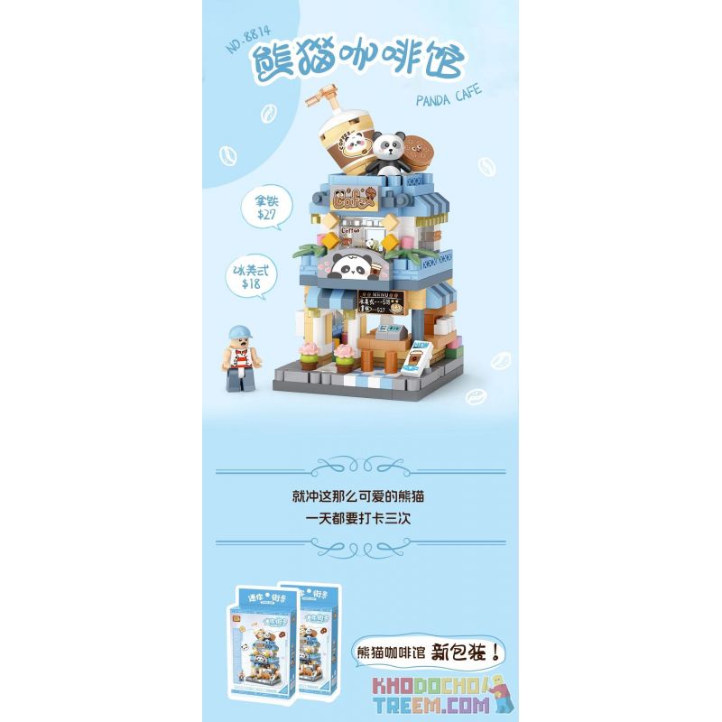 LOZ 8814 non  CHẾ ĐỘ XEM PHỐ THU NHỎ QUÁN CÀ PHÊ PANDA bộ đồ chơi xếp lắp ráp ghép mô hình PANDA CAFE