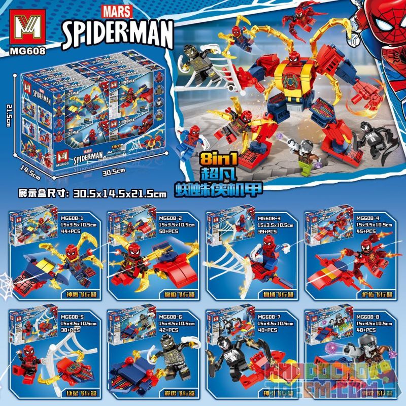 MG 608 non Lego NHỮNG SỰ KẾT HỢP TUYỆT VỜI CỦA SPIDER-MAN MECHA 8 bộ đồ chơi xếp lắp ráp ghép mô hình Super Heroes Siêu Nhân Anh Hùng 346 khối