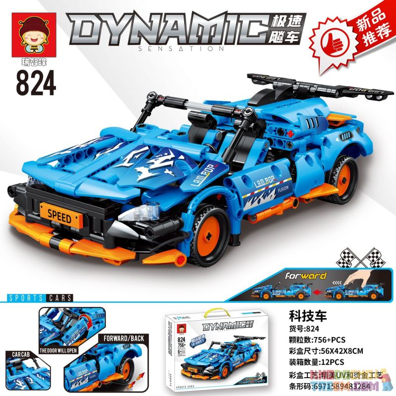 RUIZHIBEE 824 non  ĐUA TỐC ĐỘ XE THỂ THAO LAMBO MUI TRẦN KÉO bộ đồ chơi xếp lắp ráp ghép mô hình  DYNAMIC SENSATION Kỹ Thuật Công Nghệ Cao Mô Hình Phương Tiện 756 khối