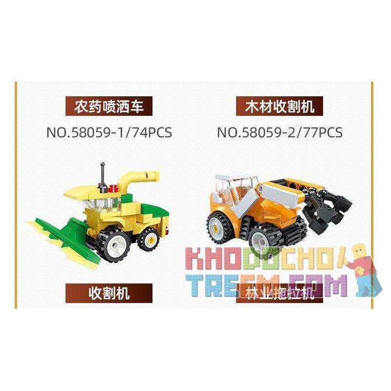 JIESTAR 58059 non  HARVEST FARM 6 MẪU XE PHUN THUỐC TRỪ SÂU MÁY GẶT GỖ KÉO LÂM NGHIỆP CẤY LÚA XÚC bộ đồ chơi xếp lắp ráp ghép mô hình City Thành Phố 475 khối