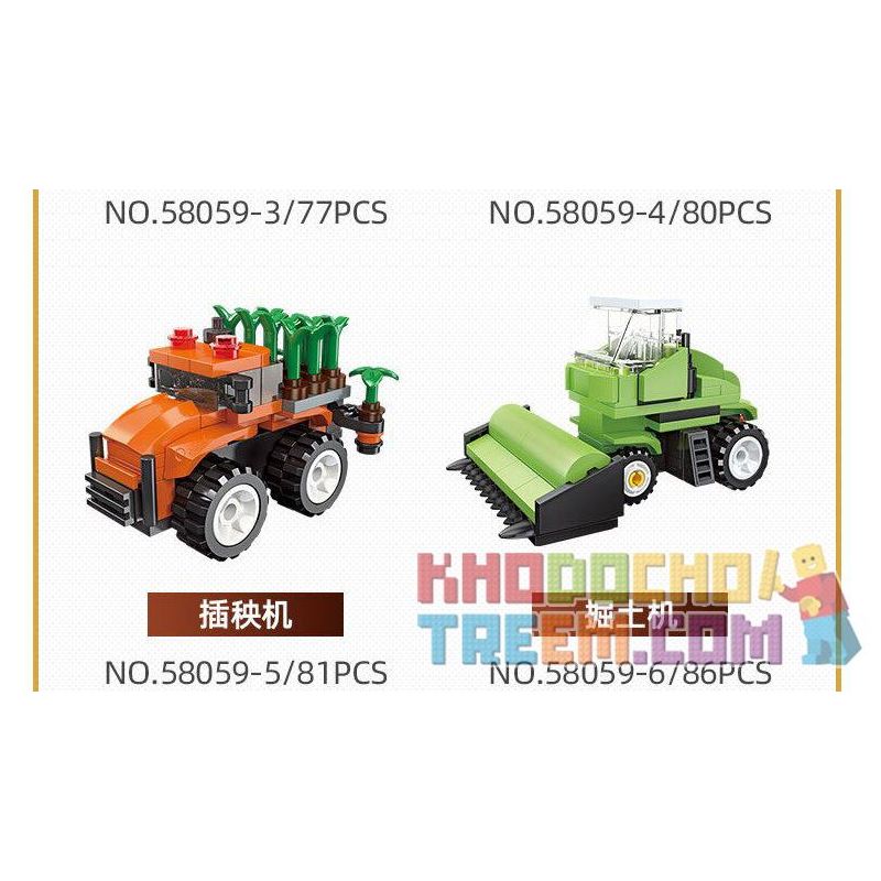 JIESTAR 58059 non  HARVEST FARM 6 MẪU XE PHUN THUỐC TRỪ SÂU MÁY GẶT GỖ KÉO LÂM NGHIỆP CẤY LÚA XÚC bộ đồ chơi xếp lắp ráp ghép mô hình City Thành Phố 475 khối