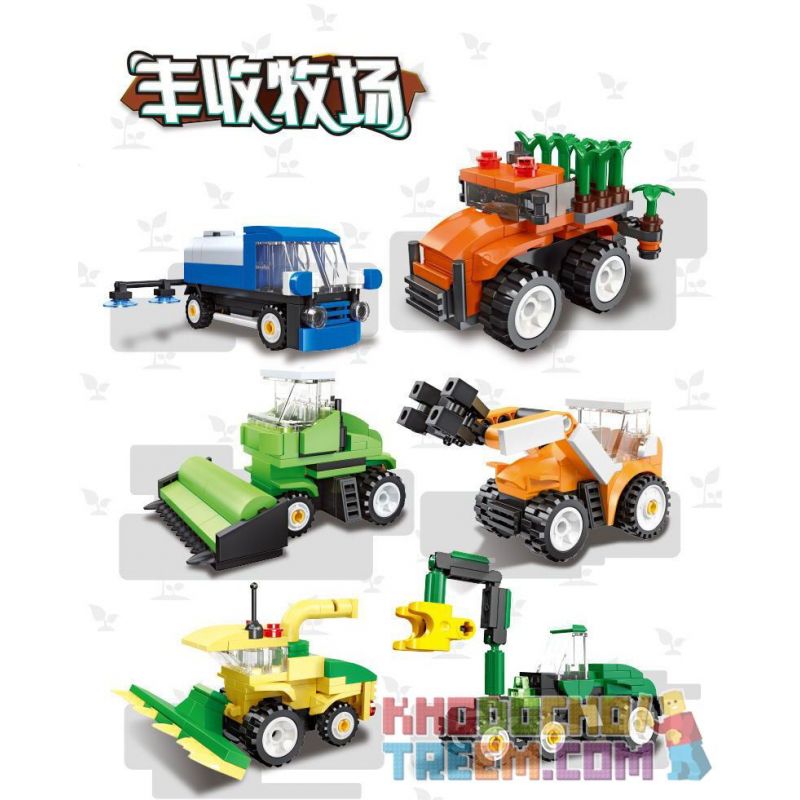 JIESTAR 58059 non  HARVEST FARM 6 MẪU XE PHUN THUỐC TRỪ SÂU MÁY GẶT GỖ KÉO LÂM NGHIỆP CẤY LÚA XÚC bộ đồ chơi xếp lắp ráp ghép mô hình City Thành Phố 475 khối