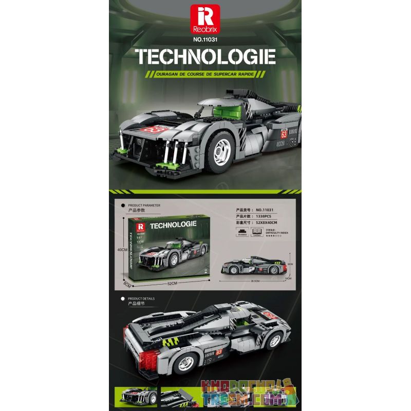 REOBRIX 11031 non  PEUGEOT 9X8 24 GIỜ CỦA SIÊU XE HYBRID LE MANS tỷ lệ 1:12 bộ đồ chơi xếp lắp ráp ghép mô hình Creator Sáng Tạo 1338 khối