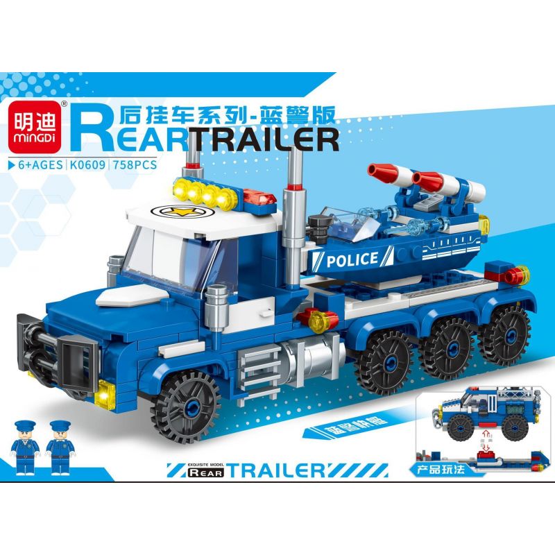MINGDI LEIBAO K0609 0609 non  TRAILER SAU PHIÊN BẢN CẢNH SÁT MÀU XANH bộ đồ chơi xếp lắp ráp ghép mô hình Military Army REAR TRAILER Quân Sự Bộ Đội 758 khối