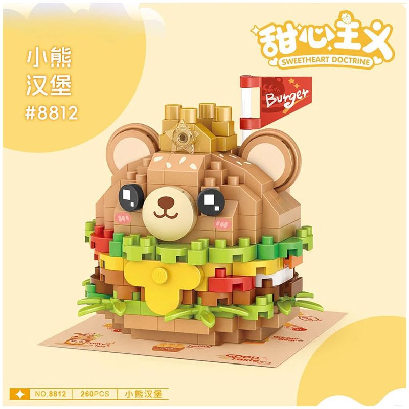 LOZ 8812 non  CHỦ NGHĨA YÊU ĐƯƠNG BEAR BURGER bộ đồ chơi xếp lắp ráp ghép mô hình Creator SWEETHEART DOCTRINE Sáng Tạo 260 khối