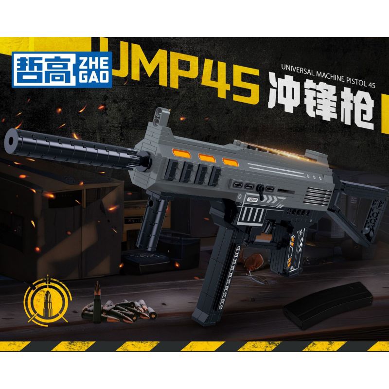 ZHEGAO 918007 non  SÚNG TIỂU LIÊN UMP45 bộ đồ chơi xếp lắp ráp ghép mô hình Military Army UNIVERSAL MACHINE PISTOL 45 Quân Sự Bộ Đội 555 khối