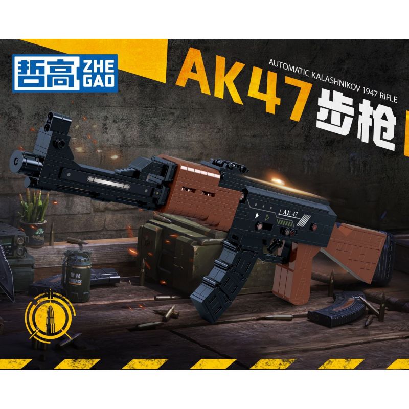 ZHEGAO 918001 non  SÚNG TRƯỜNG AK47 bộ đồ chơi xếp lắp ráp ghép mô hình Military Army AUTOMATIC KALASHNIKOV 1947 RIFLE Quân Sự Bộ Đội 555 khối