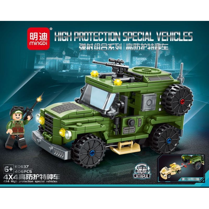 MINGDI LEIBAO K0637 0637 non  TỔ HỢP PHÓNG XE ĐẶC BIỆT BẢO VỆ CAO 4X4 bộ đồ chơi xếp lắp ráp ghép mô hình Military Army 4X4 HIGH PROTECTION SPECIAL VEHICLES Quân Sự Bộ Đội 406 khối