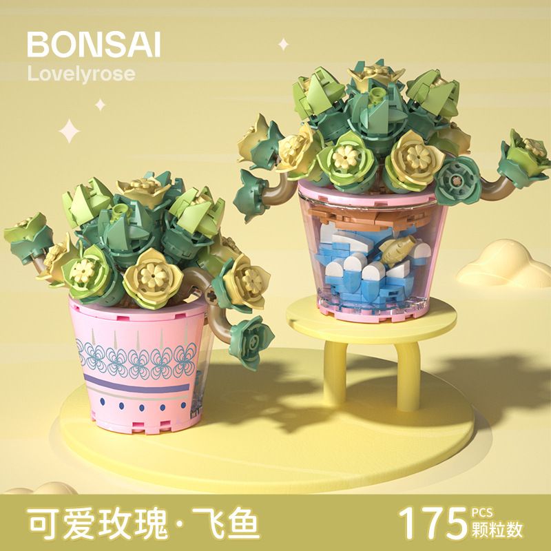 MANGE TECHNOLOGY 9129 non  CHẬU CÂY DỄ THƯƠNG HOA HỒNG VÀ CÁ CHUỒN bộ đồ chơi xếp lắp ráp ghép mô hình Creator BONSAI LOVELYROSE Sáng Tạo 175 khối