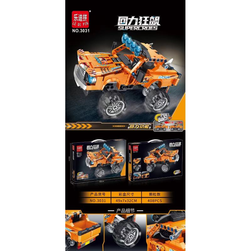 LEDIPIN 3031 non  KÉO LẠI RUSH XE TẢI QUÁI VẬT MÀU CAM bộ đồ chơi xếp lắp ráp ghép mô hình  SUPERCROES Kỹ Thuật Công Nghệ Cao Mô Hình Phương Tiện 408 khối