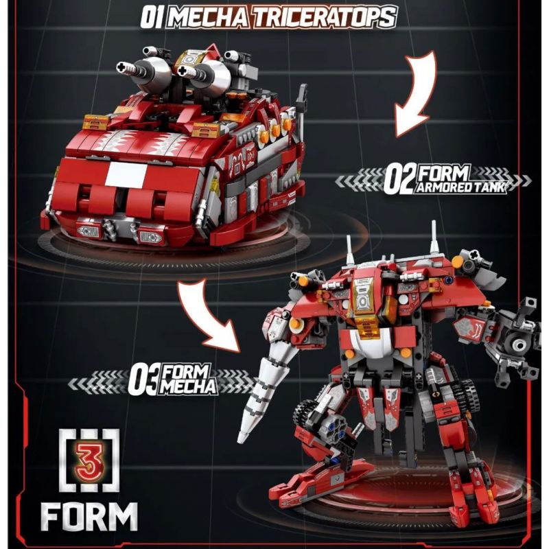 REOBRIX 33003 non  KHỦNG LONG CƠ KHÍ BA BIẾN HÌNH TRICERATOPS XE TĂNG BỌC THÉP MECHA bộ đồ chơi xếp lắp ráp ghép mô hình Creator MECHA DINO MECHA TRICERATOPS Sáng Tạo 930 khối