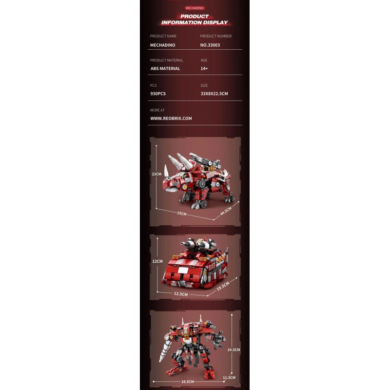 REOBRIX 33003 non  KHỦNG LONG CƠ KHÍ BA BIẾN HÌNH TRICERATOPS XE TĂNG BỌC THÉP MECHA bộ đồ chơi xếp lắp ráp ghép mô hình Creator MECHA DINO MECHA TRICERATOPS Sáng Tạo 930 khối
