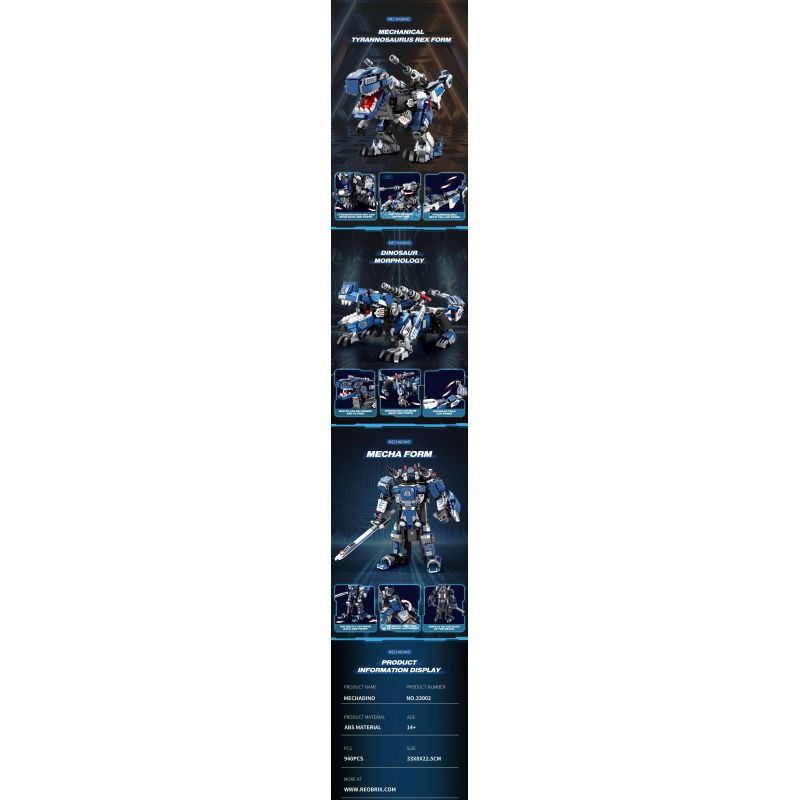 REOBRIX 33002 non  BA LOÀI KHỦNG LONG CƠ KHÍ BIẾN HÌNH TYRANNOSAURUS REX DINOSAUR MECHA bộ đồ chơi xếp lắp ráp ghép mô hình Creator MECHA DINO MECHA REX Sáng Tạo 940 khối