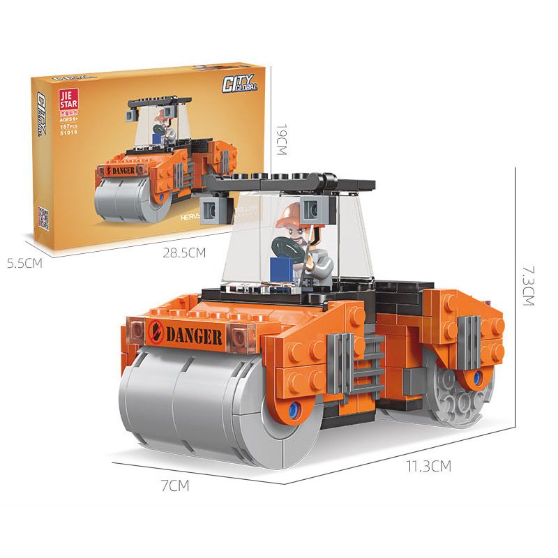 JIESTAR 51019 non  THÀNH PHỐ TOÀN CẦU CON LĂN HẠNG NẶNG bộ đồ chơi xếp lắp ráp ghép mô hình City HEAVY DUTY ROAD ROLLER 187 khối