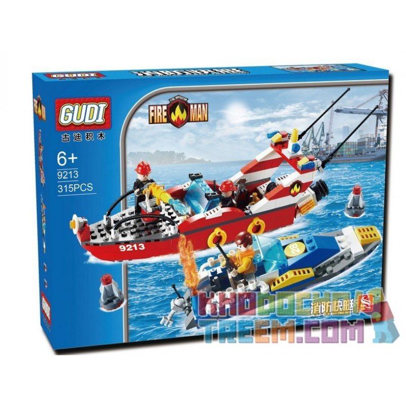 GUDI 9213 Xếp hình kiểu Lego CITY Fireman The Water Spray Fire Boat Fire Brigade Xuồng Cứu Hỏa Chữa Cháy Cano 315 khối