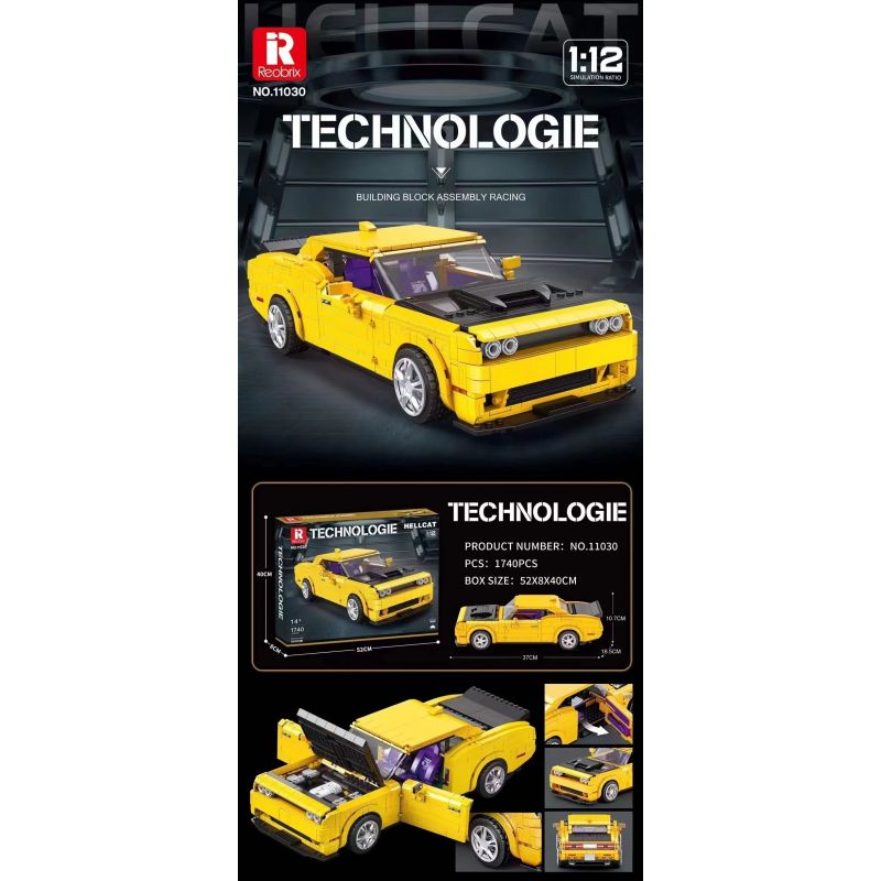 REOBRIX 11030 non  DODGE CHALLENGER SRT HELLCAT tỷ lệ 1:12 bộ đồ chơi xếp lắp ráp ghép mô hình Model Team DODGE HELLCAT Mô Hình Hiện Đại 1740 khối