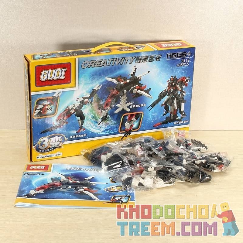 GUDI 8119 Xếp hình kiểu  CREATOR 3 IN 1 Transformers 3 In 1 Rô Bốt Biến Hình Thành Phi Thuyền Thú 438 khối