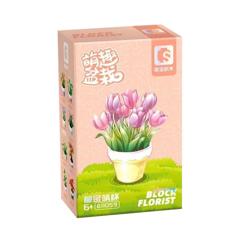 SEMBO 611059 non  CHẬU CÂY DỄ THƯƠNG CỐC HOA TULIP bộ đồ chơi xếp lắp ráp ghép mô hình Flowers 67 khối
