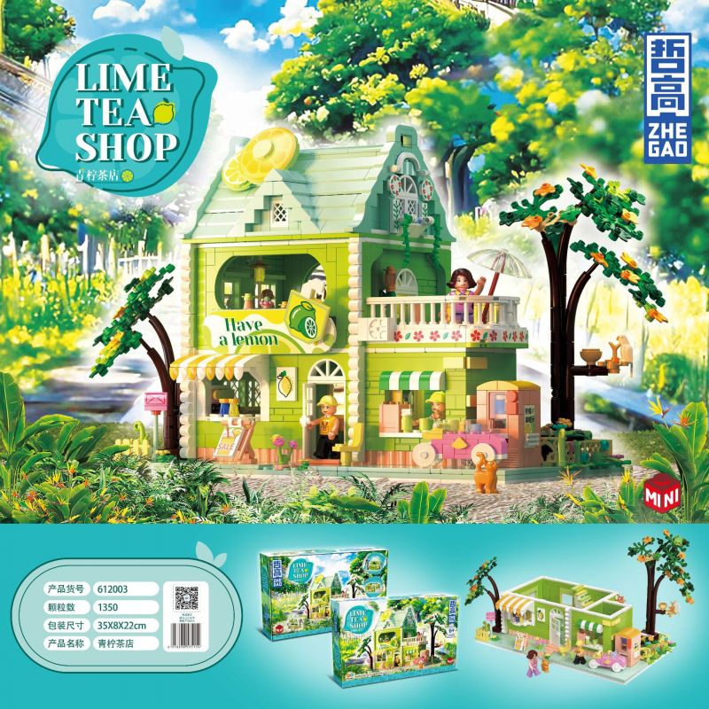 ZHEGAO 612003 non  QUÁN TRÀ CHANH bộ đồ chơi xếp lắp ráp ghép mô hình Creator LIME TEA SHOP Sáng Tạo 1350 khối