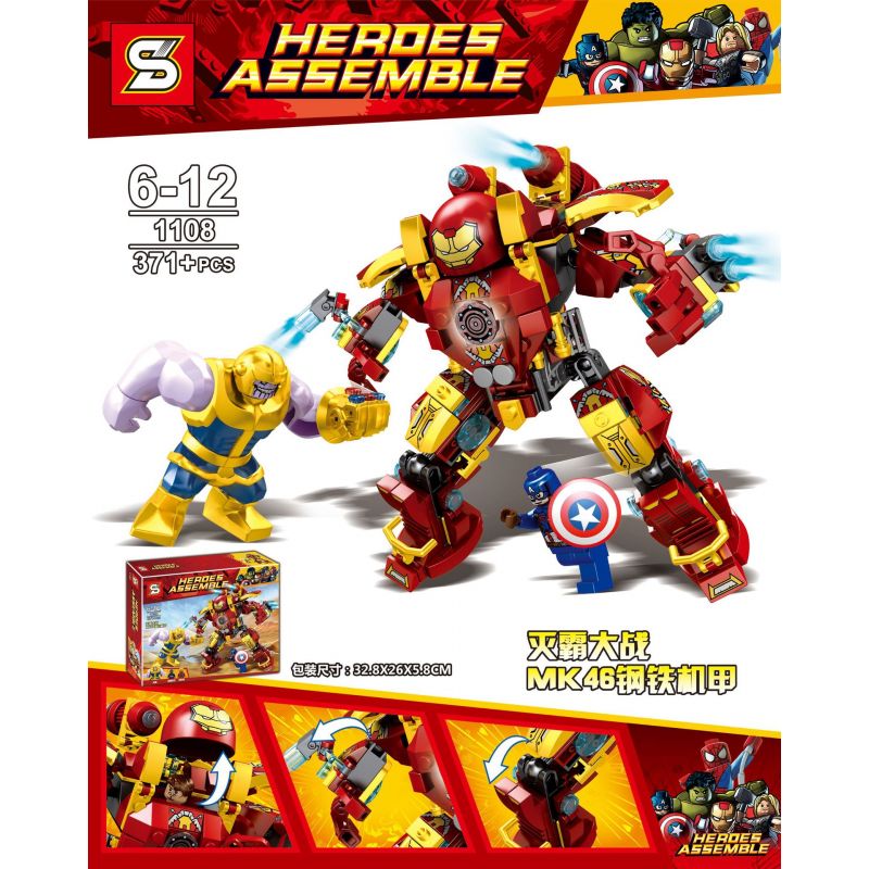 SY 1108 non Lego THANOS VS. MECHA THÉP MK46 bộ đồ chơi xếp lắp ráp ghép mô hình Super Heroes HEROES ASSEMBLE Siêu Nhân Anh Hùng 371 khối