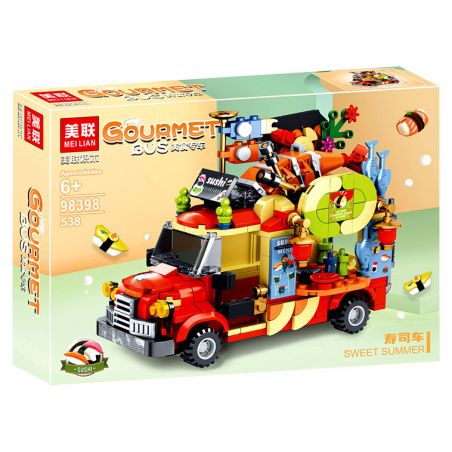 MEILIAN 98398 non  NIỀM VUI MÙA HÈ XE BÁN ĐỒ ĂN VÀ SUSHI bộ đồ chơi xếp lắp ráp ghép mô hình GOURMET BUS 538 khối