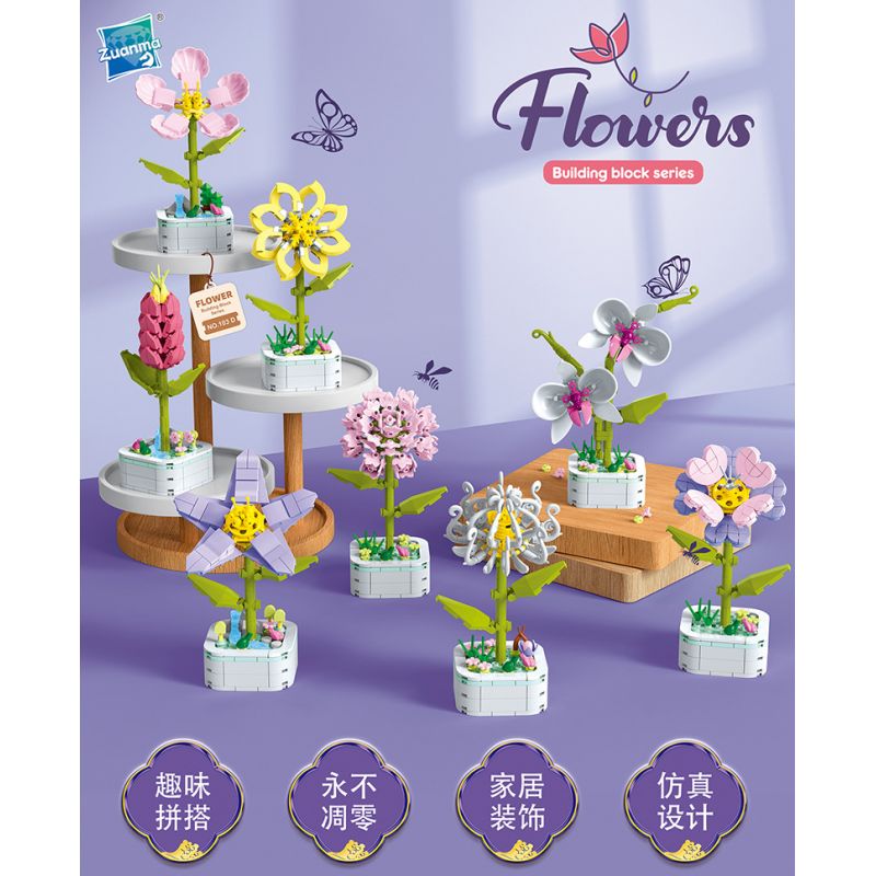 ZUANMA 103D non  8 LOẠI CHẬU HOA bộ đồ chơi xếp lắp ráp ghép mô hình Flowers