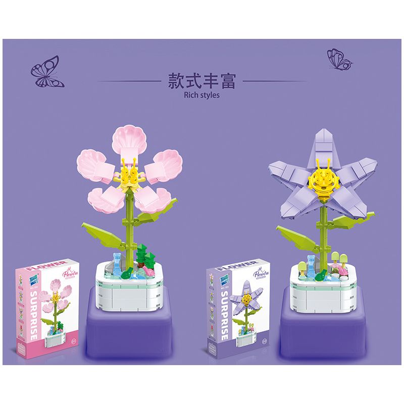 ZUANMA 103D non  8 LOẠI CHẬU HOA bộ đồ chơi xếp lắp ráp ghép mô hình Flowers