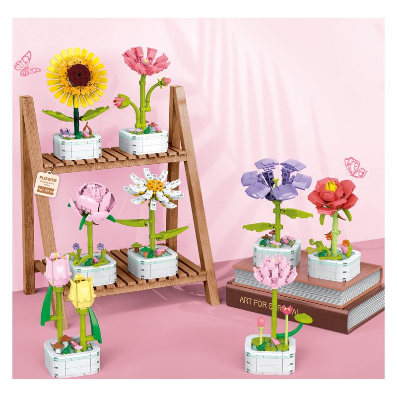 ZUANMA 103A non  CHẬU HOA HÃY DÀNH CHÚT THỜI GIAN ĐỂ TẠO RA 8 KIỂU MÙA XUÂN bộ đồ chơi xếp lắp ráp ghép mô hình Flowers