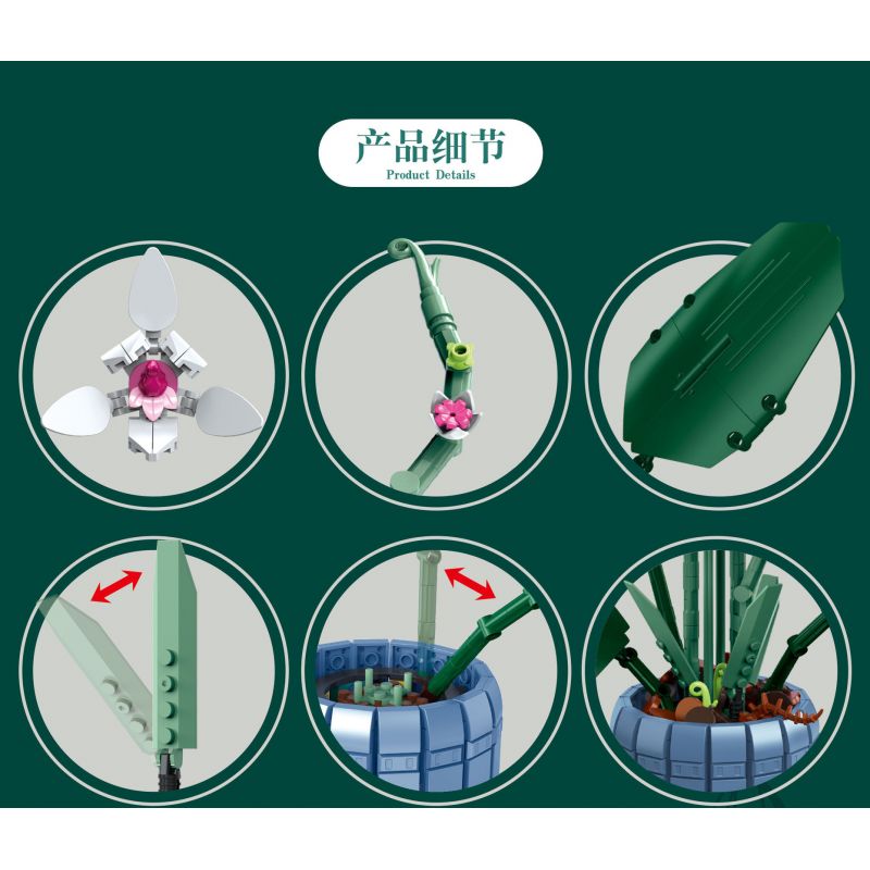 ZUANMA 101-1 non  CHẬU HOA LAN CÁNH SEN bộ đồ chơi xếp lắp ráp ghép mô hình Flowers 728 khối