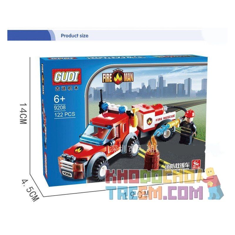GUDI 9208 non  XE BÁN TẢI CỨU HỎA bộ đồ chơi xếp lắp ráp ghép mô hình City FIREMAN FIRE RESCUE TRUCK Thành Phố 122 khối