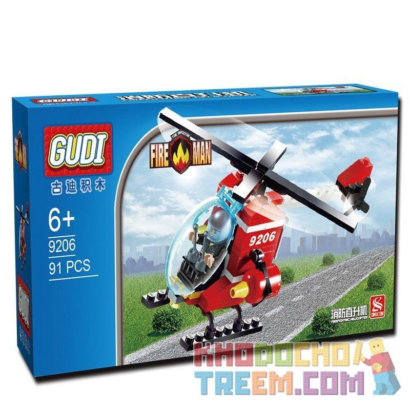 GUDI 9206 non  TRỰC THĂNG CỨU HỎA bộ đồ chơi xếp lắp ráp ghép mô hình Fire Rescure FIREMAN FIREFIGHTING HELICOPTER 91 khối