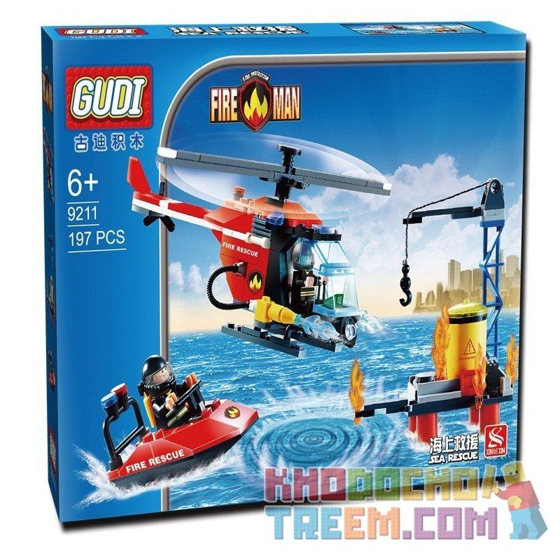 GUDI 9211 Xếp hình kiểu Lego CITY Fireman Sea Rescue Fire Brigade Sea ​​rescue Trực Thăng Ca Nô Cứu Hỏa Giàn Khoan Dầu 197 khối