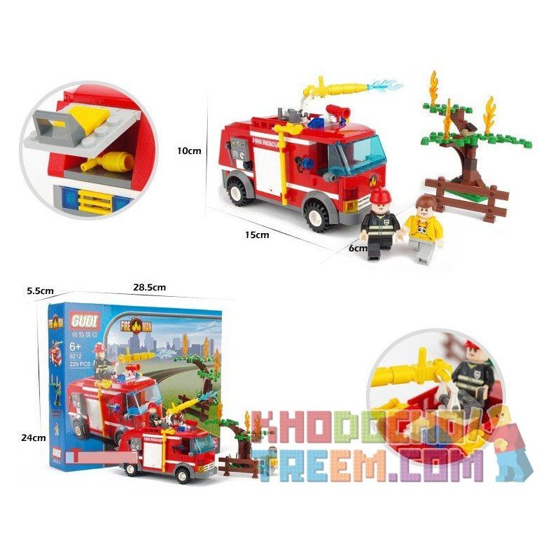 GUDI 9212 non  XE CỨU HỎA PHUN NƯỚC CHỮA CHÁY CÂY bộ đồ chơi xếp lắp ráp ghép mô hình City FIREMAN THE WATER SPRAY TRUCK Thành Phố 229 khối