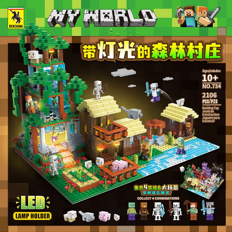 RENZAIMA 734 non Lego LÀNG RỪNG VỚI ÁNH SÁNG bộ đồ chơi xếp lắp ráp ghép mô hình Minecraft MY WORLD Game Xây Dựng 2106 khối