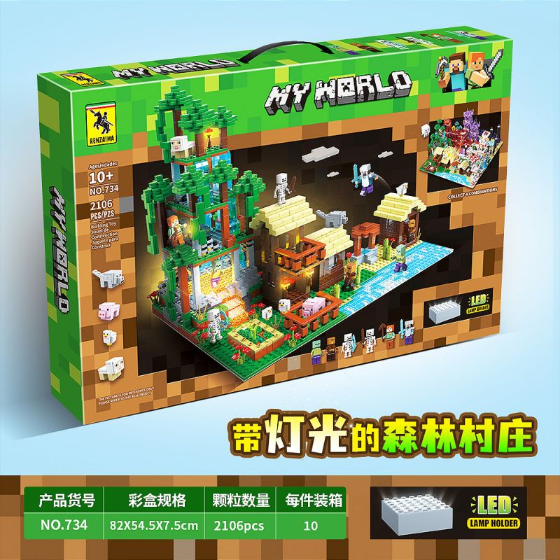 RENZAIMA 734 non  LÀNG RỪNG VỚI ÁNH SÁNG bộ đồ chơi xếp lắp ráp ghép mô hình Minecraft MY WORLD Game Xây Dựng 2106 khối