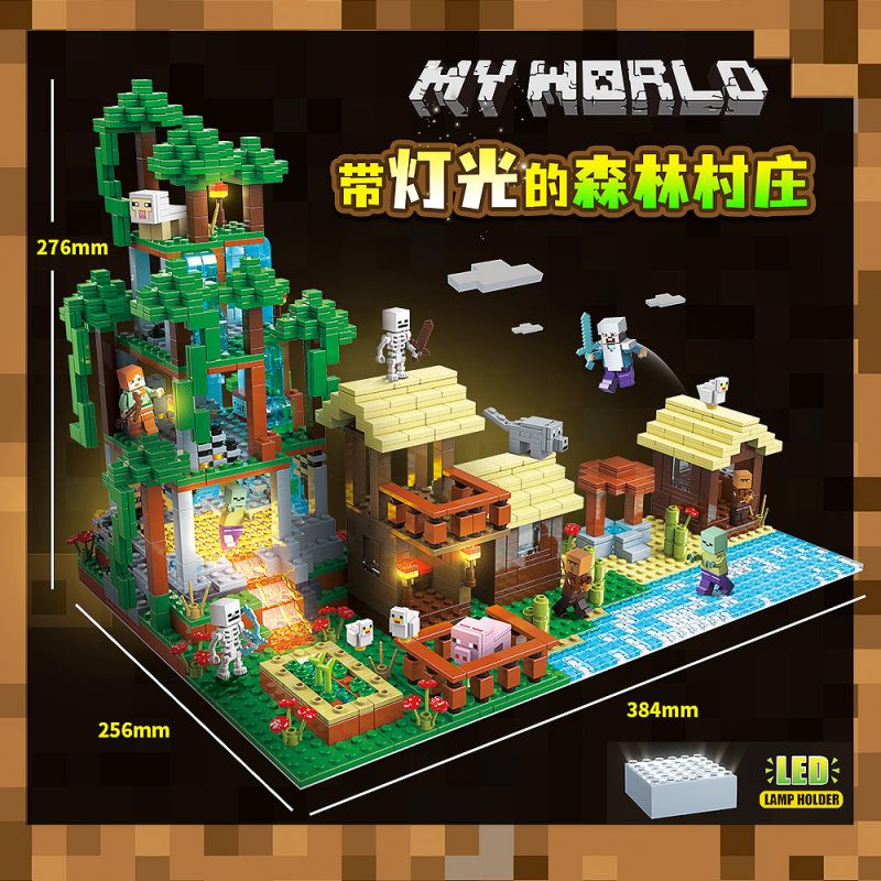 RENZAIMA 734 non  LÀNG RỪNG VỚI ÁNH SÁNG bộ đồ chơi xếp lắp ráp ghép mô hình Minecraft MY WORLD Game Xây Dựng 2106 khối