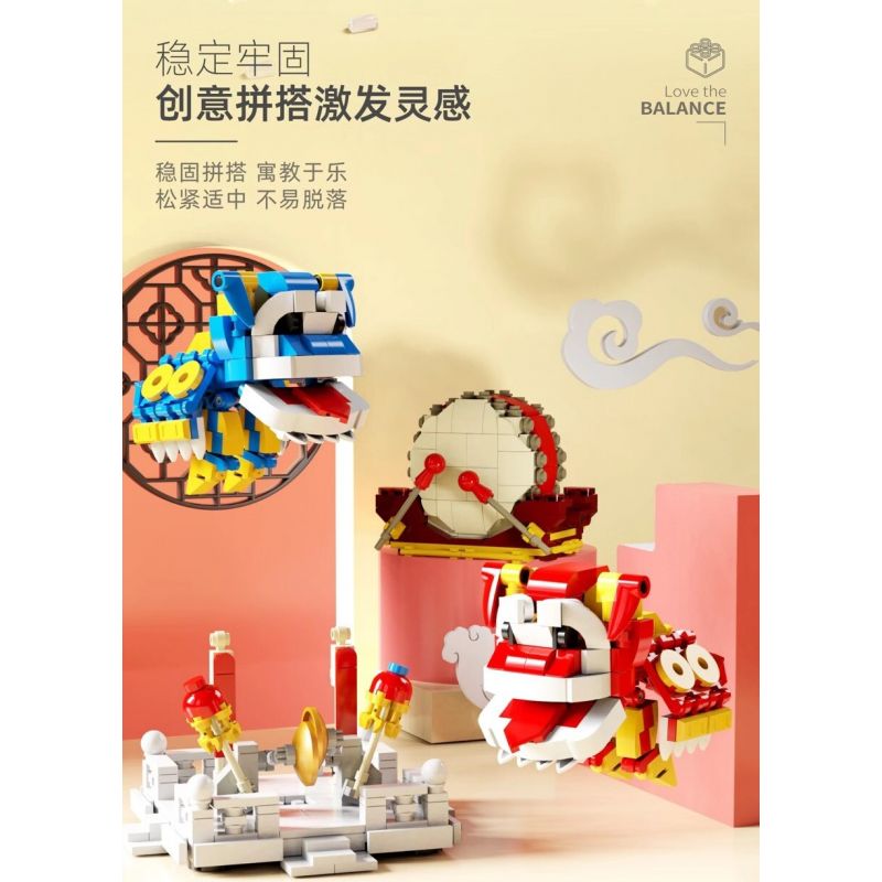 QIZHILE 93003 non  ĐÁNH TRỐNG MÚA LÂN THĂNG BẰNG bộ đồ chơi xếp lắp ráp ghép mô hình Chinese Traditional Festivals LION DANCE Lễ Hội Cổ Truyền