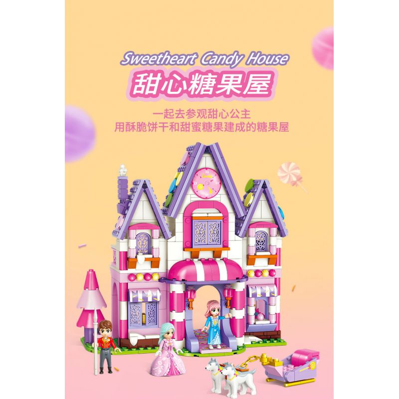 GUDI 30003 non  NGÔI NHÀ KẸO NGỌT NGÀO bộ đồ chơi xếp lắp ráp ghép mô hình PRINCESS CANDY SWEETHEART HOUSE 449 khối