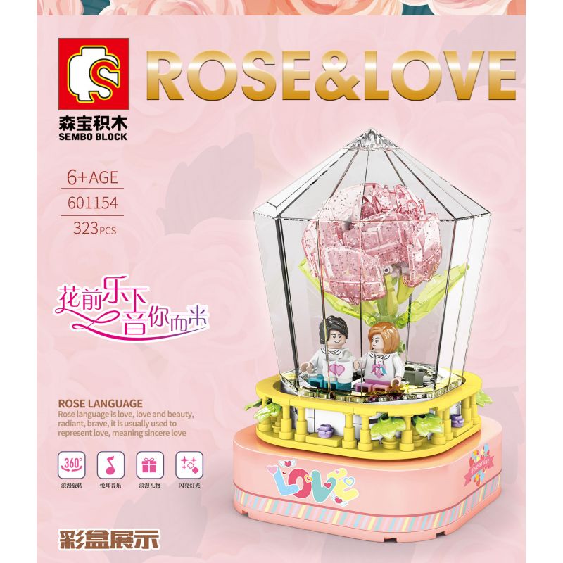 SEMBO 601154 non  HỘP NHẠC PHA LÊ HOA HỒNG bộ đồ chơi xếp lắp ráp ghép mô hình ROSE & LOVE 323 khối