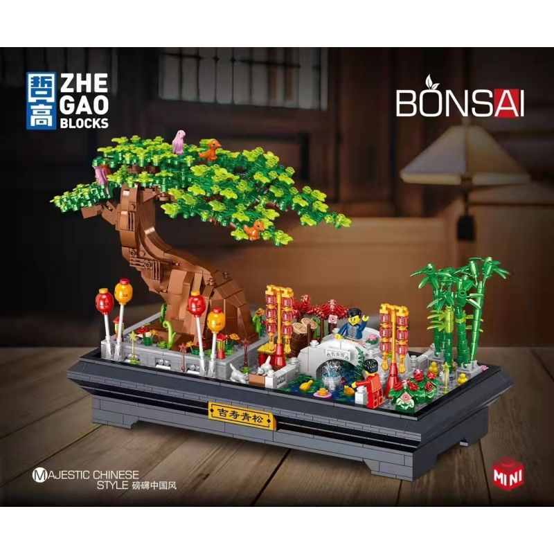 ZHEGAO 00899 non  CÂY THÔNG XANH bộ đồ chơi xếp lắp ráp ghép mô hình BONSAI MAJESTIC CHINESE STYLE 1426 khối