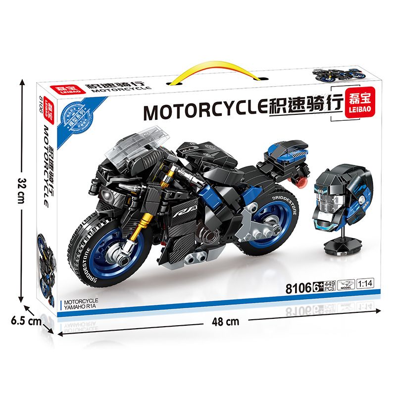 LEIBAO 8106 non Lego LÁI XE NHANH YAMAHA R1A 1:14 tỷ lệ 1:14 bộ đồ chơi xếp lắp ráp ghép mô hình Motorcycle Motorbike Xe Hai Bánh 449 khối