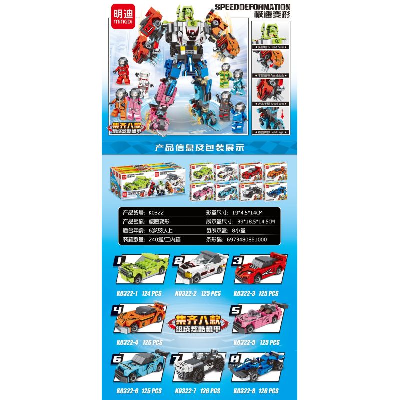 MINGDI LEIBAO K0322 0322 non  BIẾN HÌNH CỰC NHANH MECHA 8 COMBO NGẦU bộ đồ chơi xếp lắp ráp ghép mô hình Racers SPEED DEFORMATION Đua Tốc Độ 1002 khối