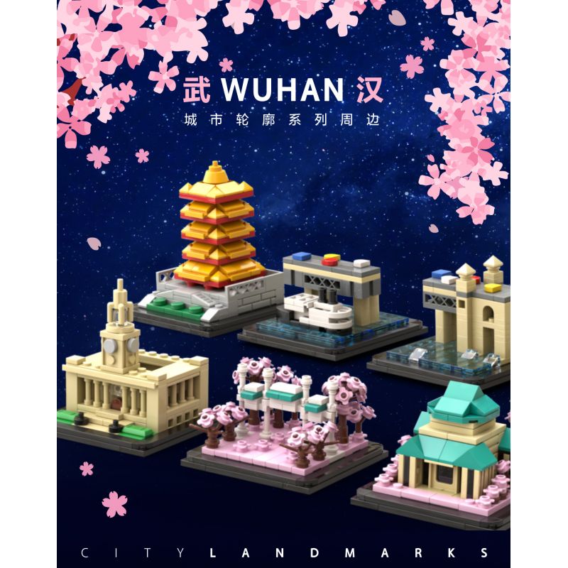 YEZAO WH01 WH02 WH03 WH04 WH05 non Lego TÔI ĐÃ VI PHẠM VŨ HÁN 5 THÁP CẦN CẨU VÀNG JIANGHAN GUAN ZHIRO CẦU SÔNG CHERRY WU DA bộ đồ chơi xếp lắp ráp ghép mô hình WUHAN 571 khối