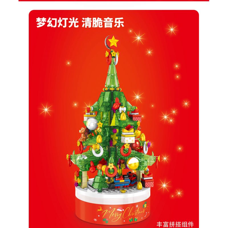 BEAUTY AND 23001 non  ĐÈN XOAY HỘP NHẠC CÂY THÔNG NOEL bộ đồ chơi xếp lắp ráp ghép mô hình Christmas Giáng Sinh 626 khối