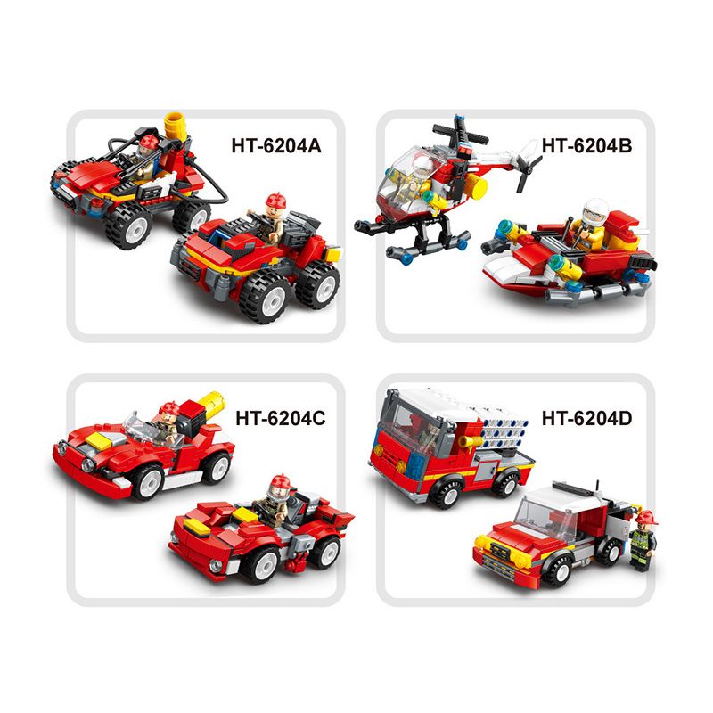 HENGTAI 6204 non Lego LỰC LƯỢNG CỨU HỘ 4 TỔ HỢP XE MỌI ĐỊA HÌNH TRỰC THĂNG HỖ TRỢ TỐC ĐỘ CỰC CAO SÚNG NƯỚC ÁP THANG CHỮA CHÁY bộ đồ chơi xếp lắp ráp ghép mô hình Fire Rescure Cứu Hỏa 657 khối