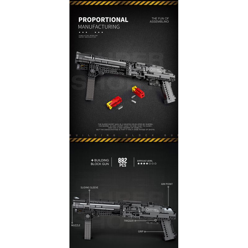 REOBRIX 77002 non  CON TRAI SIÊU NGẮN bộ đồ chơi xếp lắp ráp ghép mô hình Gun SUPER SHORTY Súng 882 khối