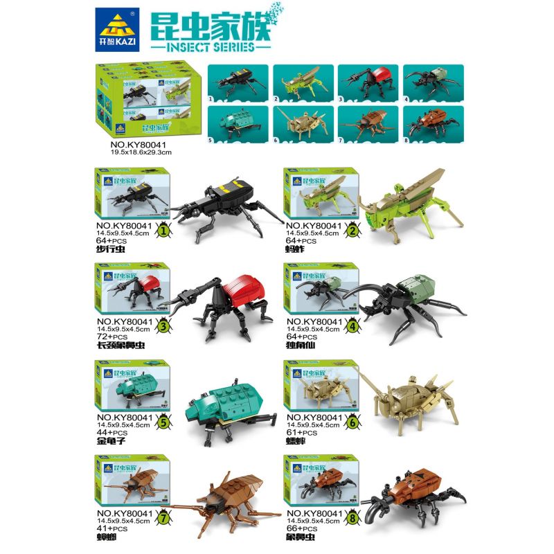 Kazi KY80041 80041 non  HỌ CÔN TRÙNG 8 LOẠI BỌ BIẾT ĐI CHÂU CHẤU MỌT CỔ DÀI KỲ LÂN CHAFER DẾ GIÁN bộ đồ chơi xếp lắp ráp ghép mô hình Creator INSECT Sáng Tạo 476 khối