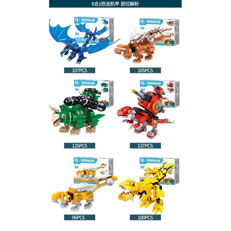 B BRAND QL0209 0209 non  KHỦNG LONG MECH 6 TRONG 1 bộ đồ chơi xếp lắp ráp ghép mô hình Dino DINOSAUR MECHA 670 khối