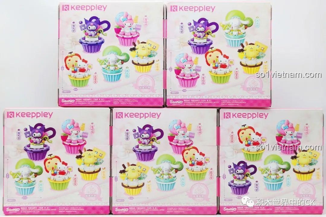 Cận cảnh các hộp lắp ráp Sanrio Cupcake của Keeppley, hiển thị từng nhân vật.